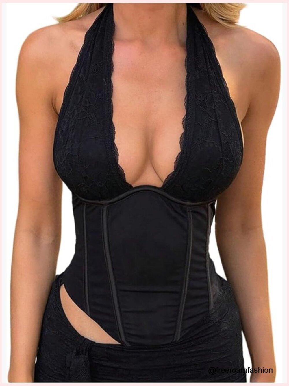 Deep V Neck Halter Crop Top Lace Trim Tie Back Corset Tank Tops Partywear